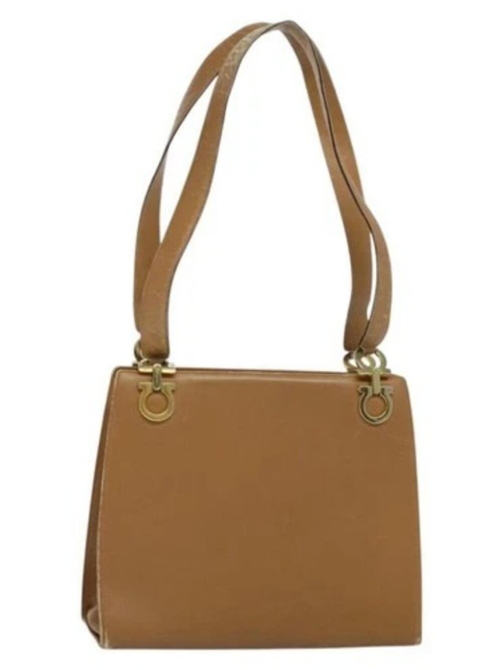 Salvatore Ferragamo Gancini Shoulder Bag Leather Beige Gold Auth EC442